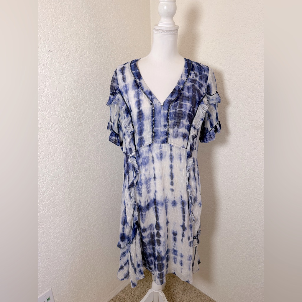 Tanya Taylor Rhett Tie Dye Navy Blue Mini Silk Sheath Dress Short Sleeve Size 14